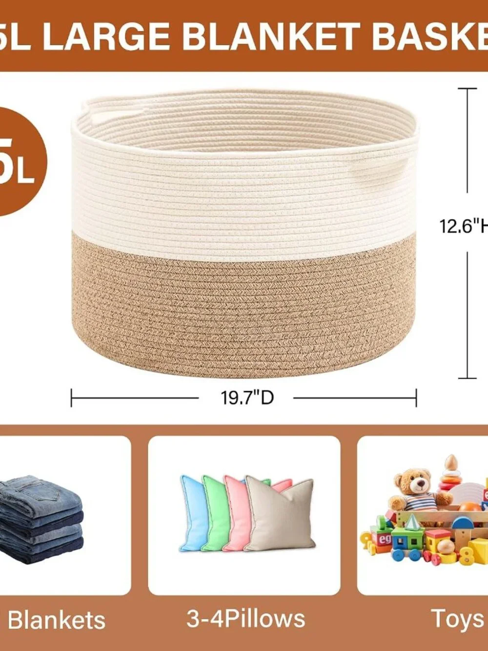 New Foldable Laundry Hamper Basket with Collapsible Handle Cotton Rope Soft Wove